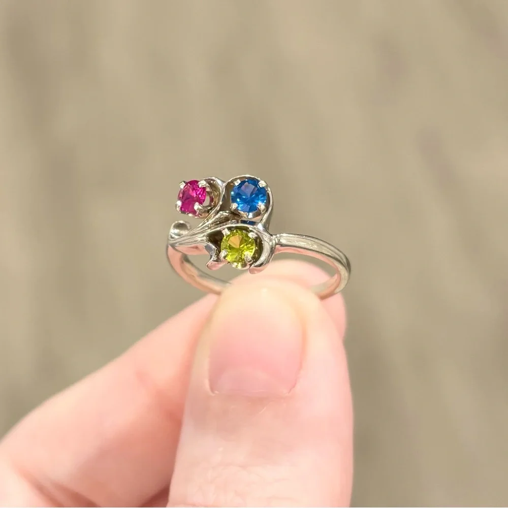 14K Rainbow Spinel red blue green gemstone cluster vintage white gold ring - Picture 7 of 12